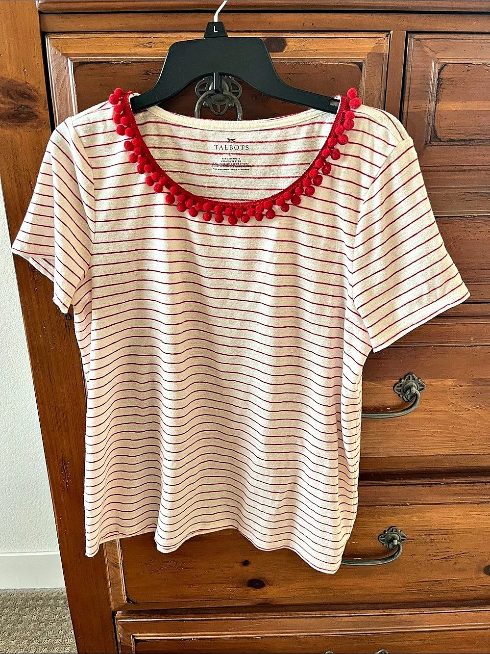 Talbots Stripe Pom-Pom Trim Tee Striped Short Sleeve Top Cream & Red Large EUC